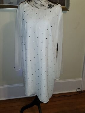 Allen B. White/Ivory Long Sleeve Embellished Shift Dress